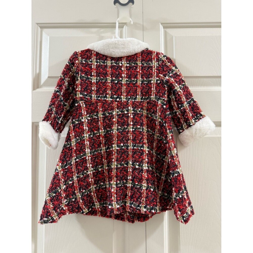 Blueberi Boulevard Red Plaid Tweed Dress Faux Fur Collar Bows 2T Holiday - Picture 5 of 11